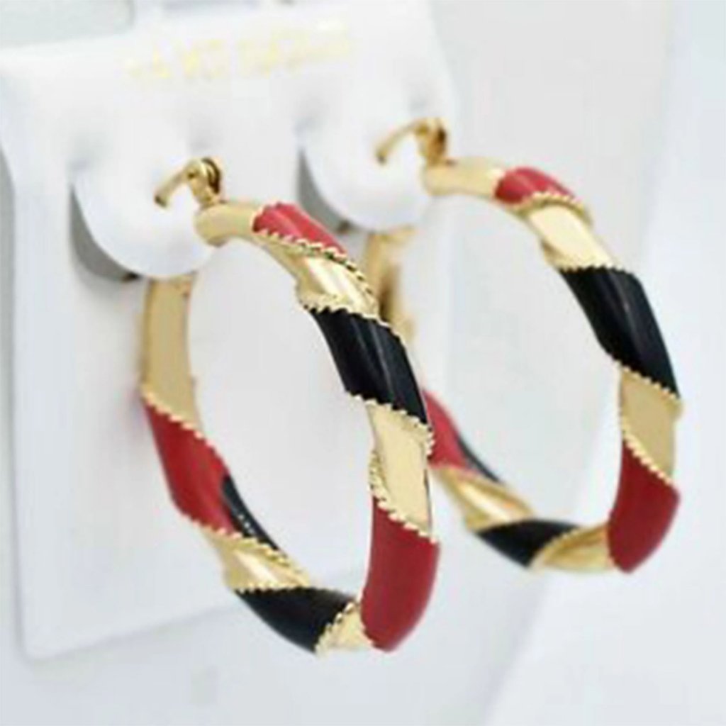 Solid 14k Gold Red & Black Enamel Hoop Hoops Earrings